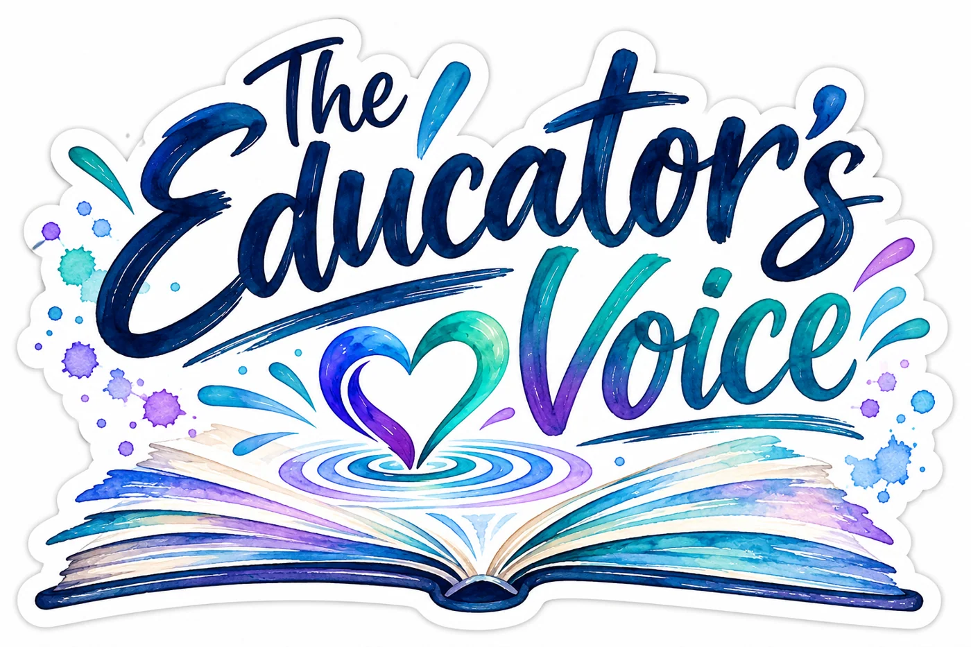 The Educator’s Voice watercolor sticker featuring an open book and heart