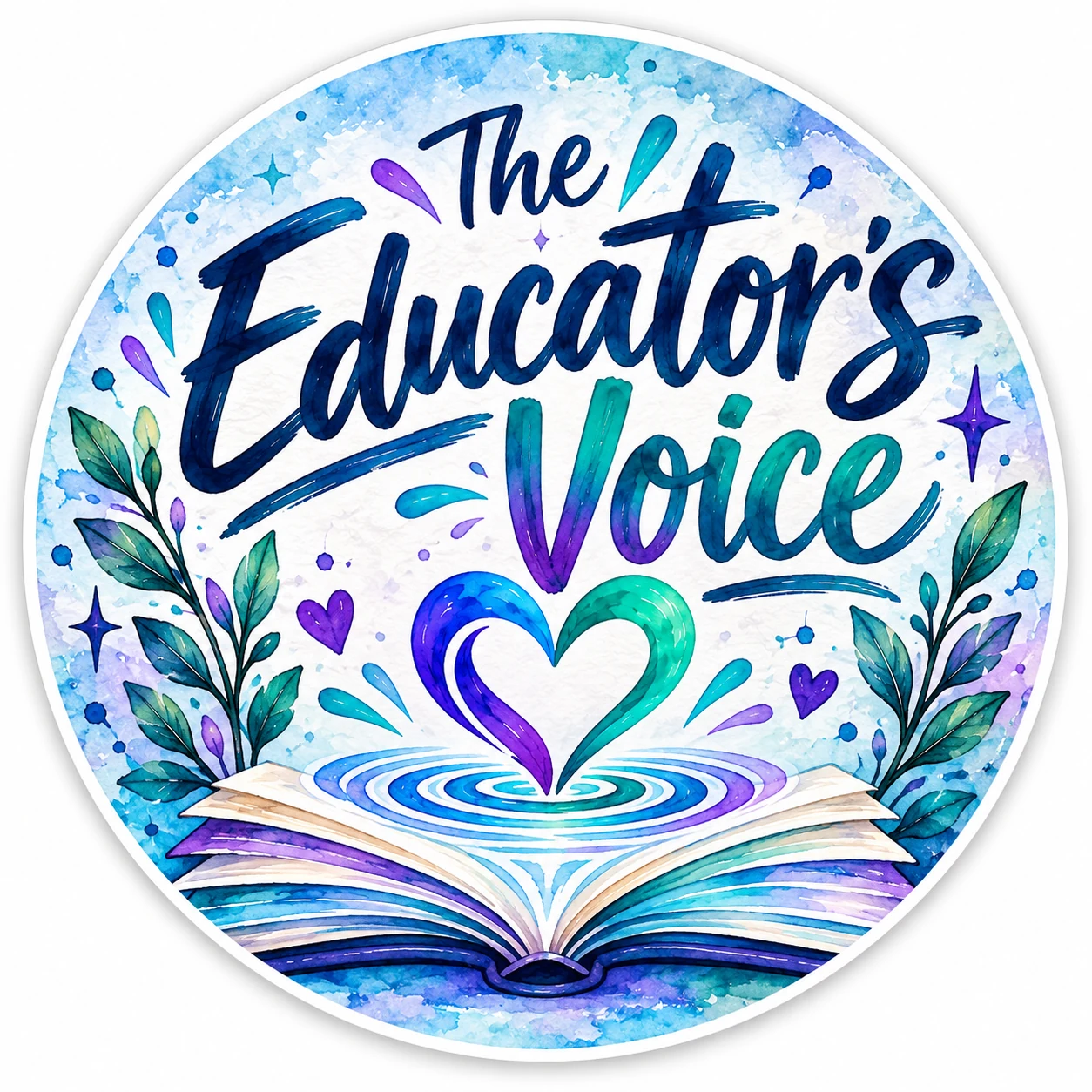 The Educator’s Voice watercolor emblem: an open book and a heart in blue, turquoise and purple