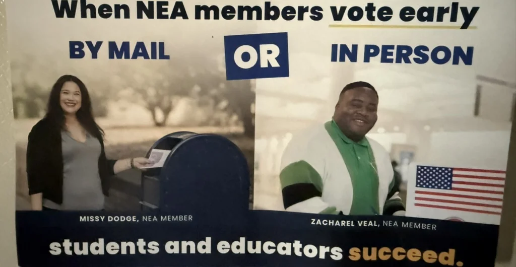 NEA early-voting campaign mailer featuring Missy Dodge; recipient address removed
